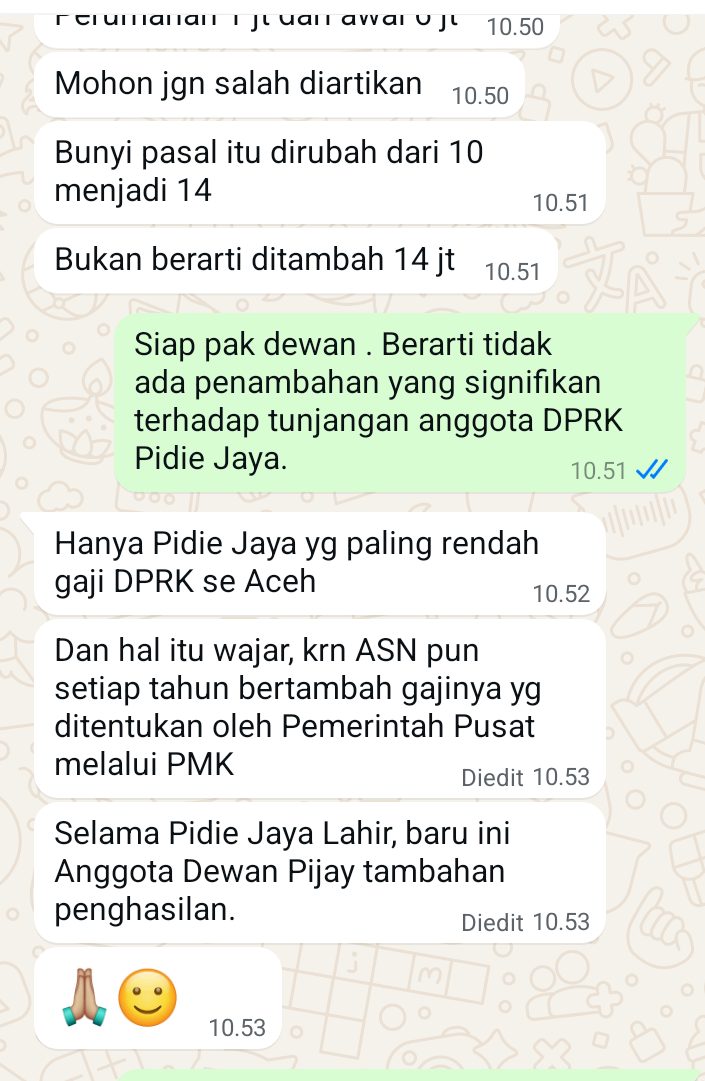 Pesan singkat WhatsApp dengan Nazaruddin Ismail, Ketua Baleg DPRK Pidie Jaya , Sabtu (29/3/2025). Foto/Dok