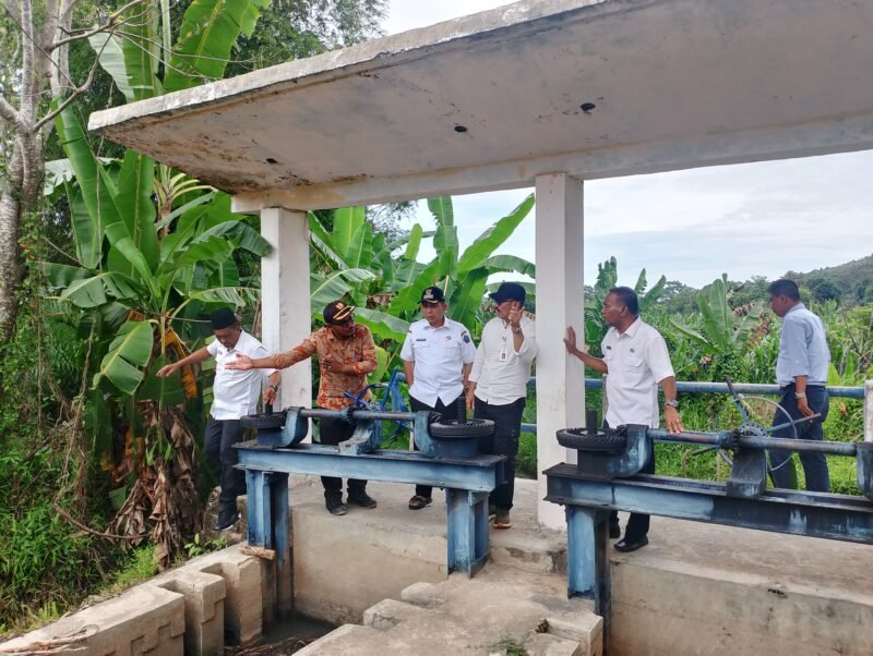 Bupati Pidie Jaya Tgk. H. Syibral Malasyi dan Wakil Bupati. Hasan Basri bersama Tenaga Ahli Menteri Pertanian Hendri Sosiawan beserta Dinas Pertanian dan PUPR Pidie Jaya meninjau kondisi Irigasi Sungai Meureudu, Seunong, (7/4/2025). Foto/R