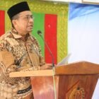 Wakil Bupati Pidie Jaya, Hasan Basri, ST. MM dalam sambutannya di acara Muscab Kwatir Cabang Gerakan Pramuka Pidie Jaya, Aula Cot Trieng, Minggu (11/5/2025).Foto:Dok/Muhammad Rissan 