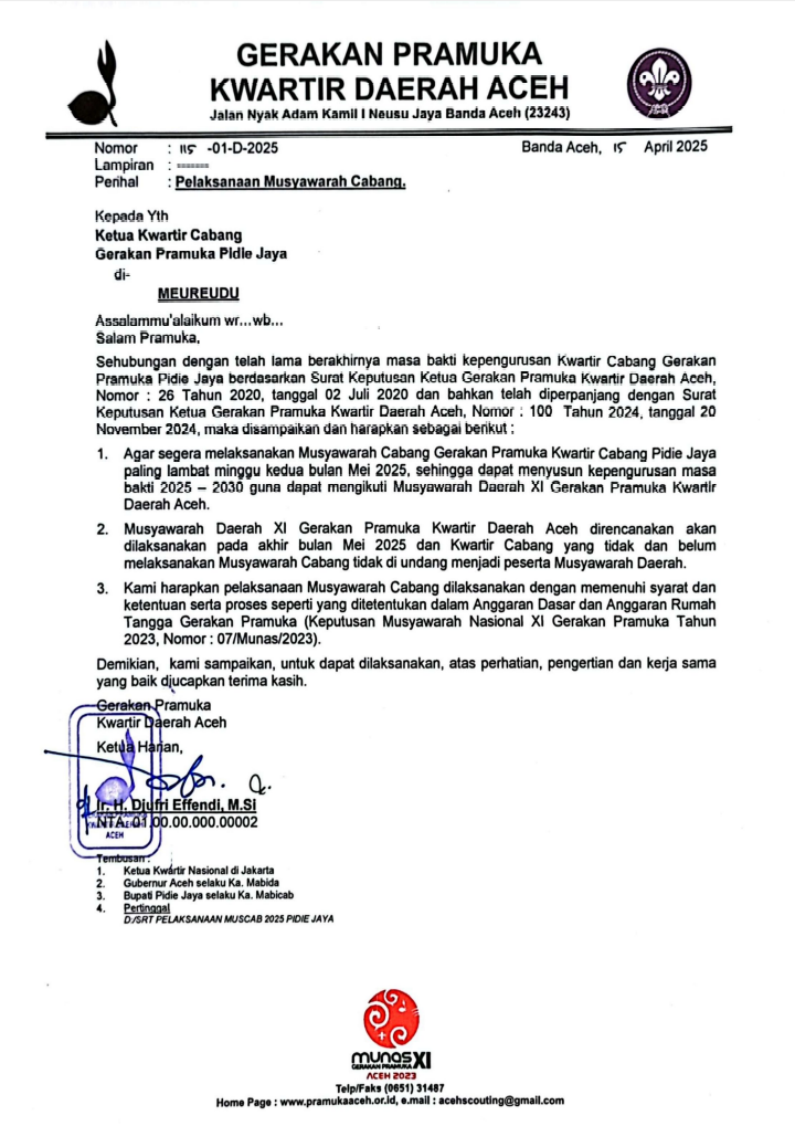 Surat dari Kwarda Pramuka Aceh yang di tujukan kepada Kwarcab Pramuka Pidie Jaya untuk pelaksanaan Muscab, Foto/Dok: Arsip Pramuka Pidie Jaya 
