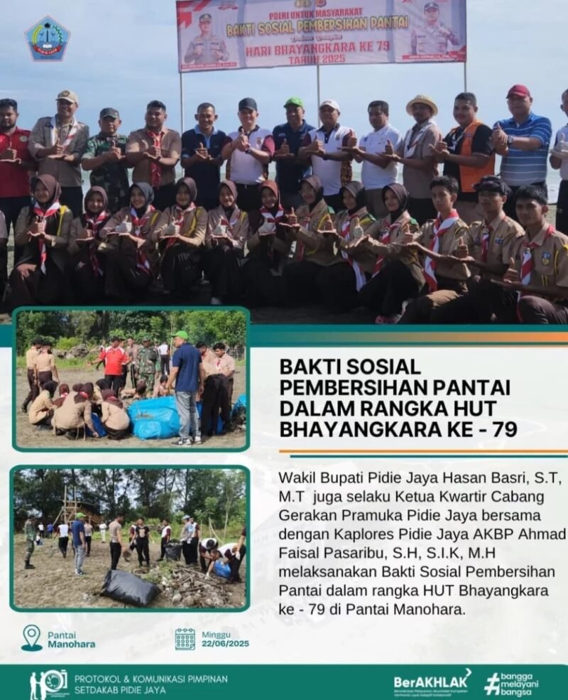 Dokumentasi Kegiatan Baksos Polri Presisi membersihkan Pantai Wisata Meurah Setia, Meuredu, Minggu (22/6/2025). Foto:Dok/ Humas Kwarcab Pramuka Pidie Jaya 