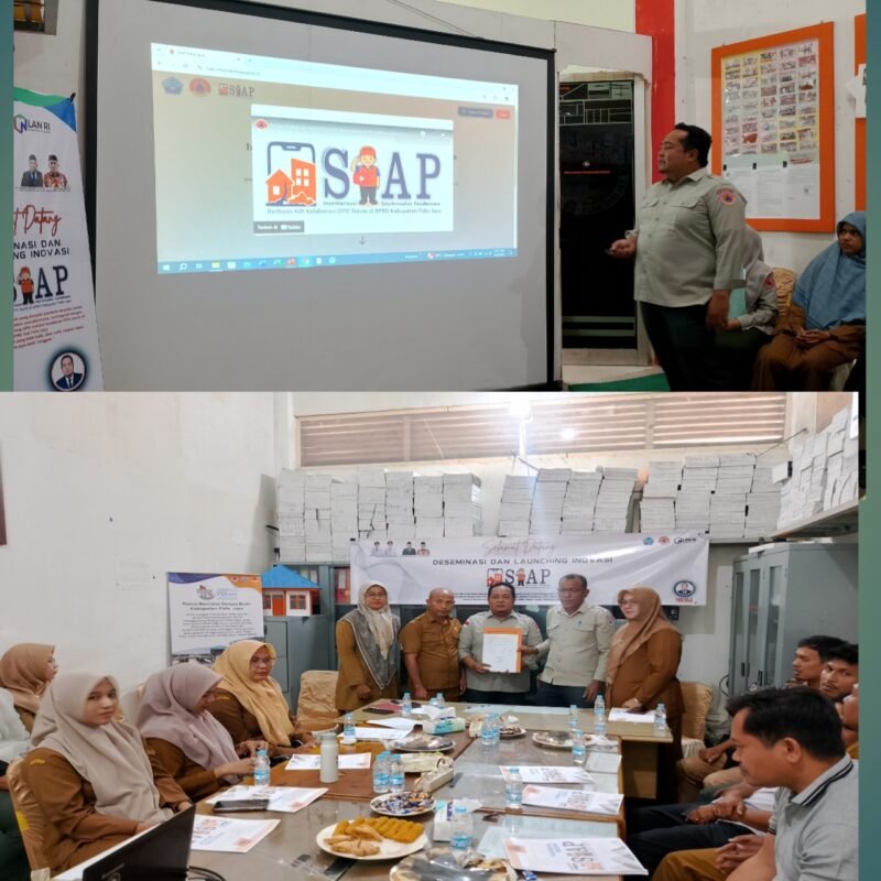 Foto atas : Aswan Azis, ST, selaku action leader inovasi sedang mempresentasikan Inovasi SIAP. Foto bawah : Penandatanganan dan Komitmen bersama OPD Pidie Jaya dalam mendukung Inovasi SIAP. Selasa (19/8/2025). Foto:Dok/Muhammad Rissan 