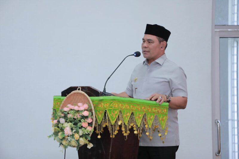 Bupati Aceh Besar H Muharram Idris saat menyampaikan sambutan pada acara launching Galeri Kebudayaan Aceh, di Gedung Dekranasda Aceh Besar, Sabtu (02/05/2026). 