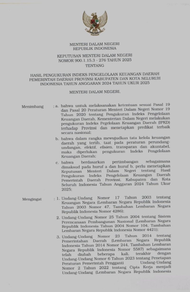 Kabupaten Aceh Besar meraih predikat “Baik” dengan skor 80,379 dalam penilaian Indeks Pengelolaan Keuangan Daerah (IPKD) Tahun Anggaran 2024, Rabu (30/9/2026). Foto: Dok. Istimewa 