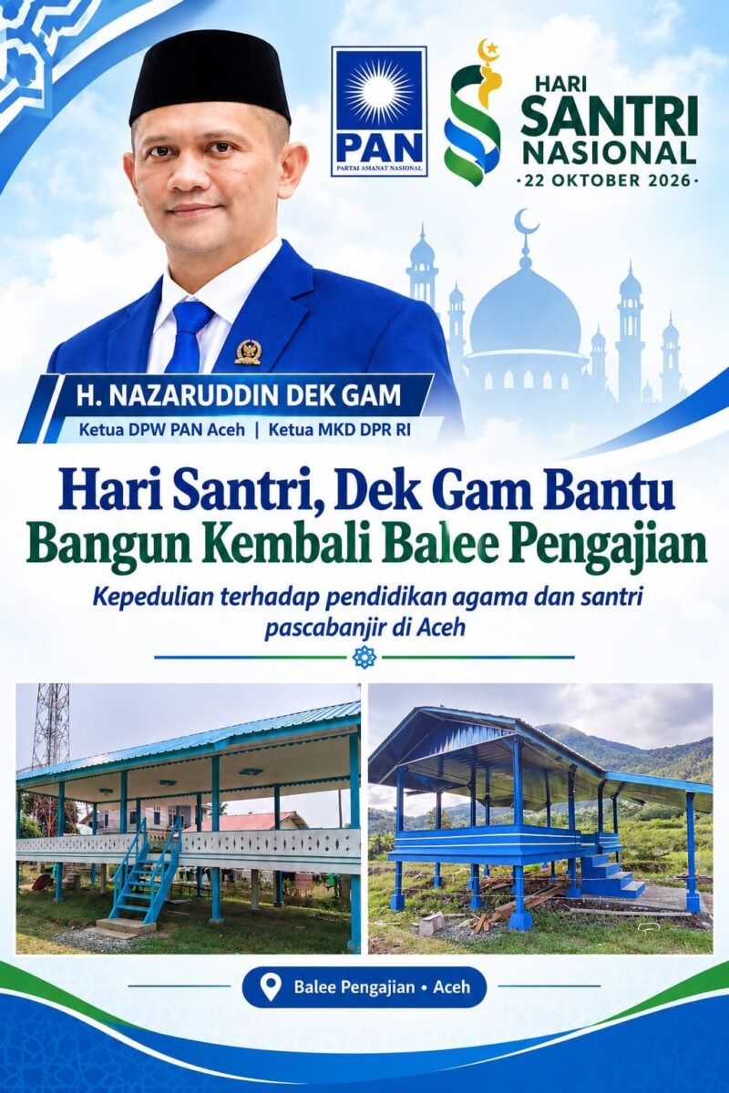 H. Nazaruddin Dek Gam membantu pembangunan kembali dua balee pengajian terdampak banjir di Kabupaten Pidie dan Pidie Jaya dalam momentum Hari Santri Nasional 2026. Foto: Dok. Istimewa 
